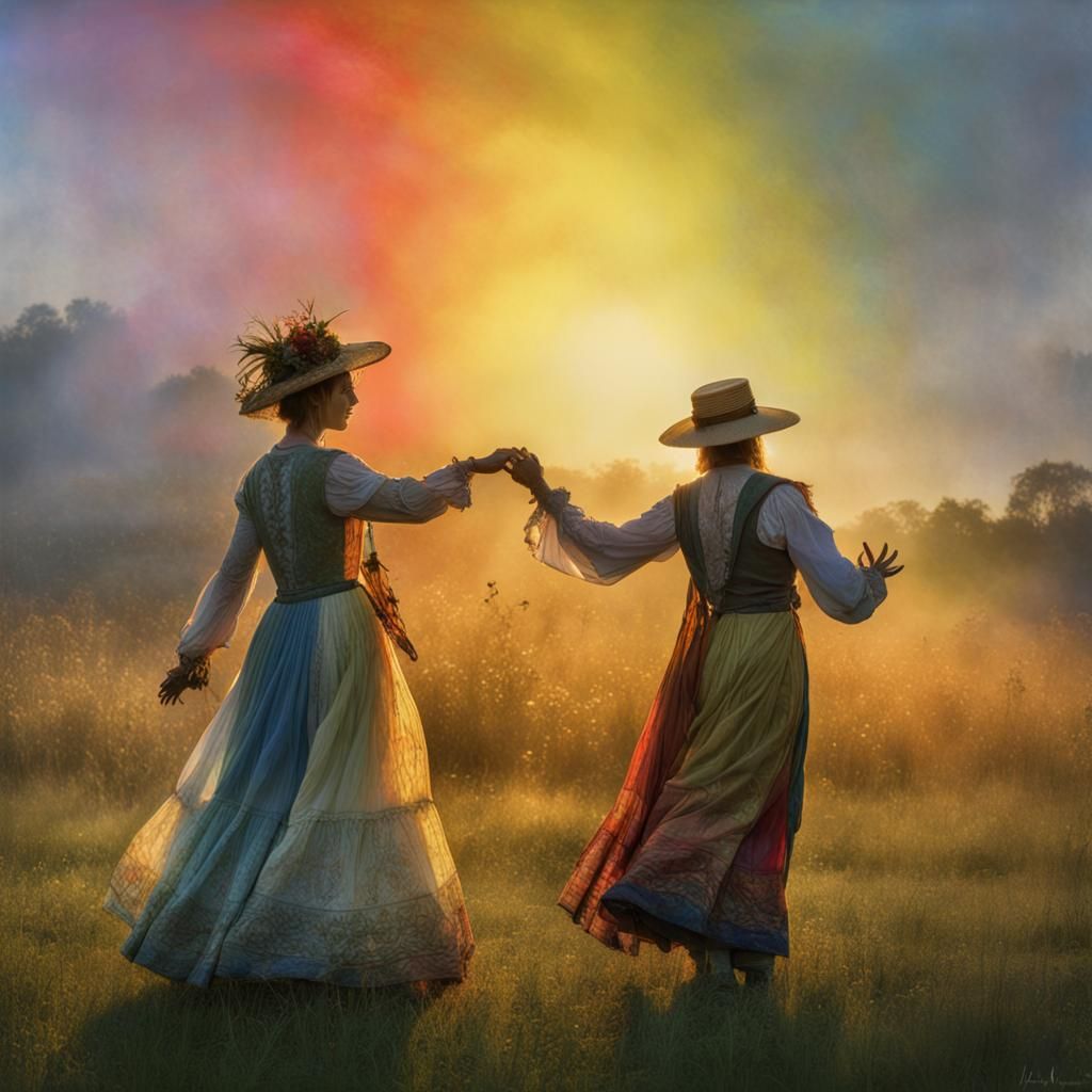 Farmers dancing,, Ornate glass rainbow, rainbow Pride flag, ...