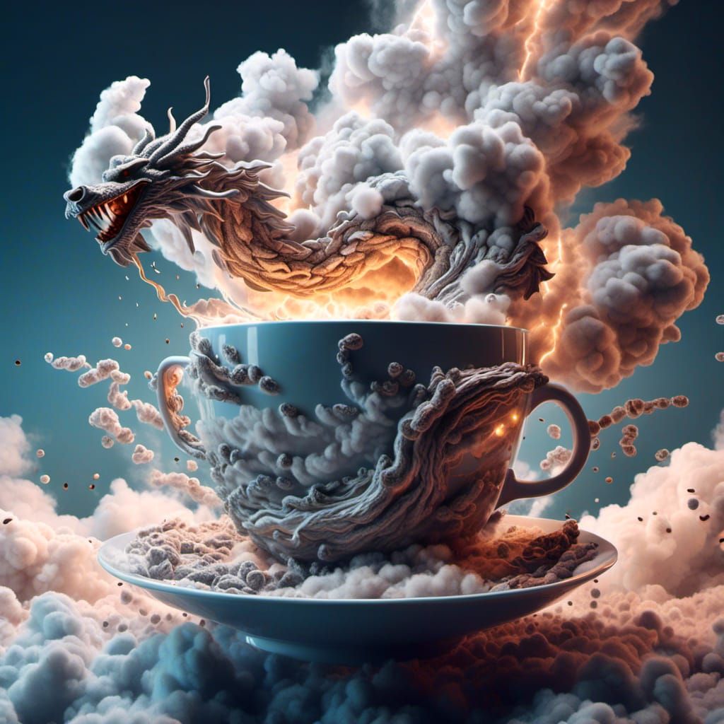 <lora:SdxlCLOUDS:1.0>   Liquid splash art; Tornado, waterspout dragon of steam cloud and coffee of coffee rising up from a cup of tea, a hyp...