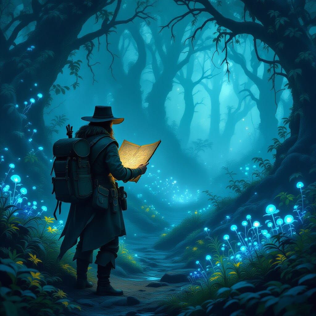 An intrepid explorer, clad in weathered leather and carrying an ancient map, stands at the edge of a bioluminescent forest shrouded in mist....