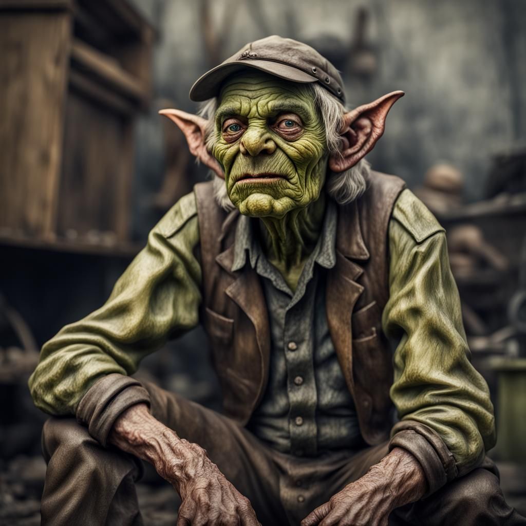 ugly, tired, sweaty, dirty, old goblin day laborer, in coulter clothes  by @Szilvia Csepp
