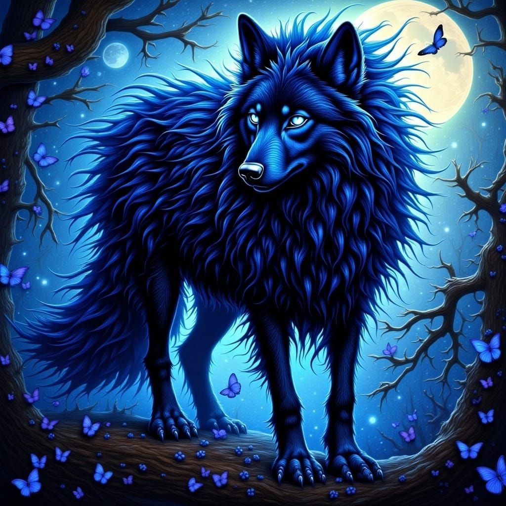 <lora:Flux Enigmatic:1.0> A majestic black wolf with glowing blue azurite eyes stands amidst a mesmerizing ink splatter, creating a captivat...