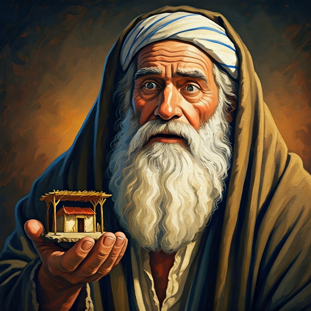 Father Abraham Holds Miniature Sukkah in Golden Hour Light