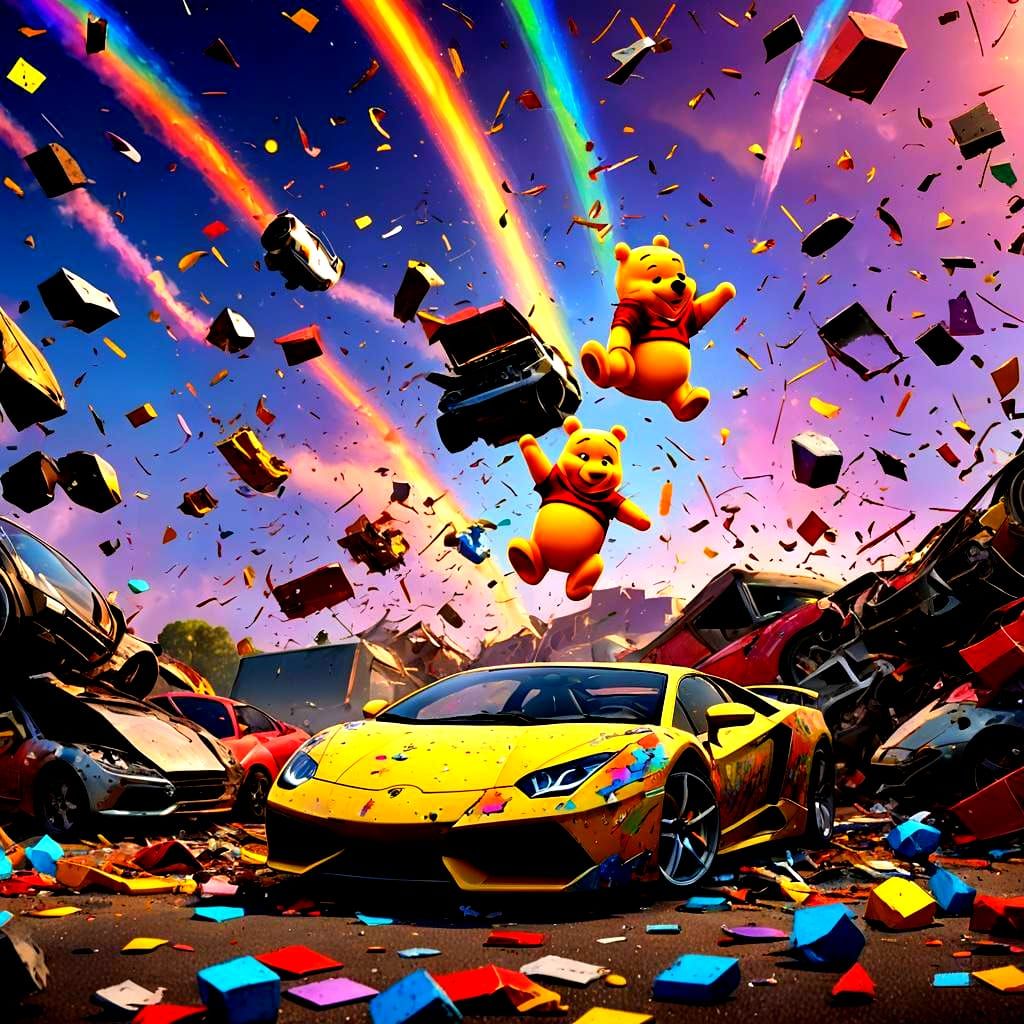 Winnie the Pooh was driving a Lamborghini and crashed into a Ferrari with Mickey Mouse driving inside, sky and rainbow background