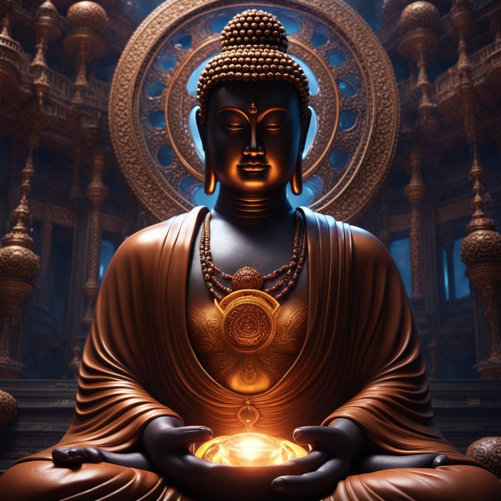 an image of a Buddha holding infinity stone