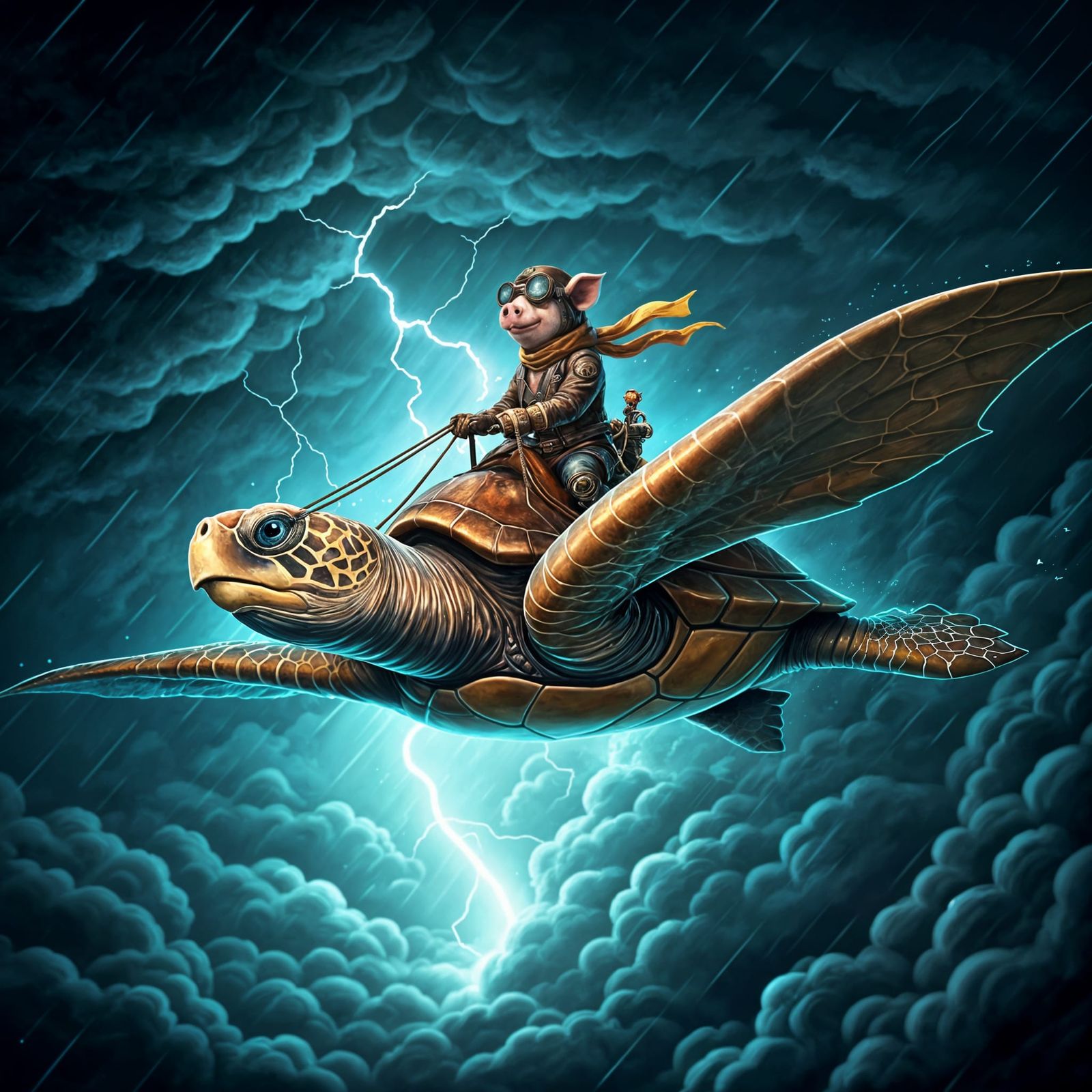 Magical Flying Turtle in Stormy Skies with Steampunk Pig