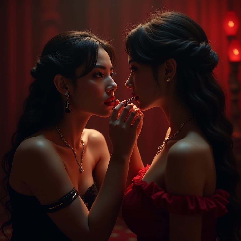 A girl putting lipstick on another girl