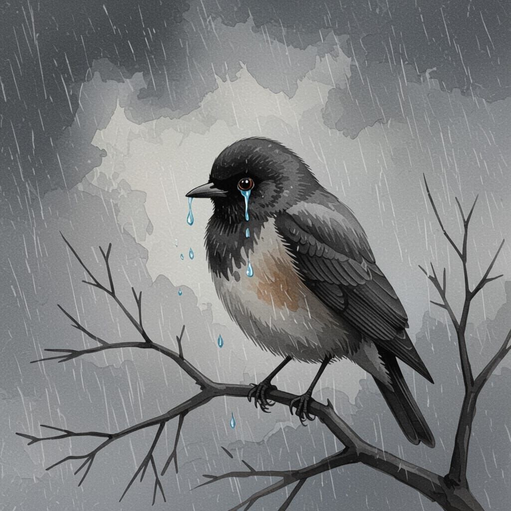 ציפור בודד עצוב עם דמעות