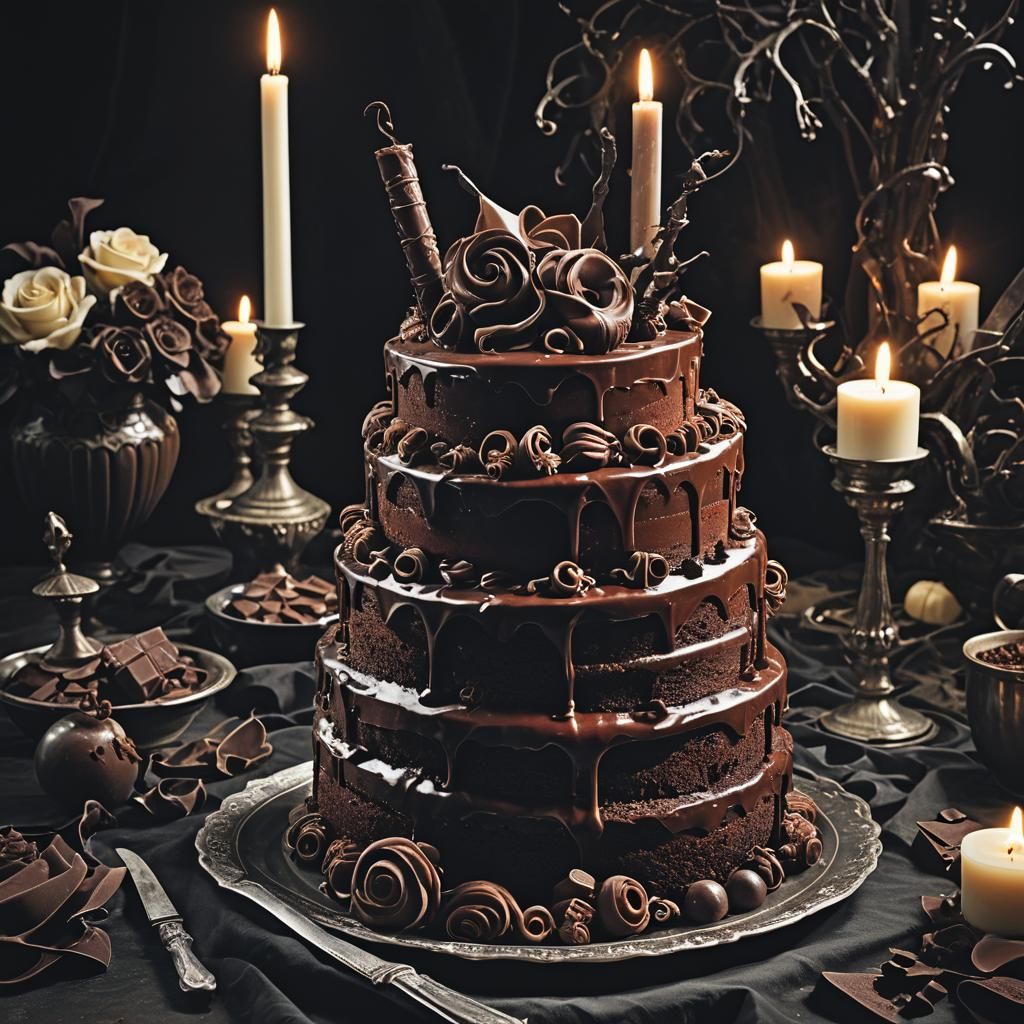 Gothic Chocolate Cake Still Life in Baroque Style