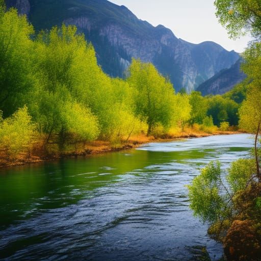beautiful river bank next to a mountain