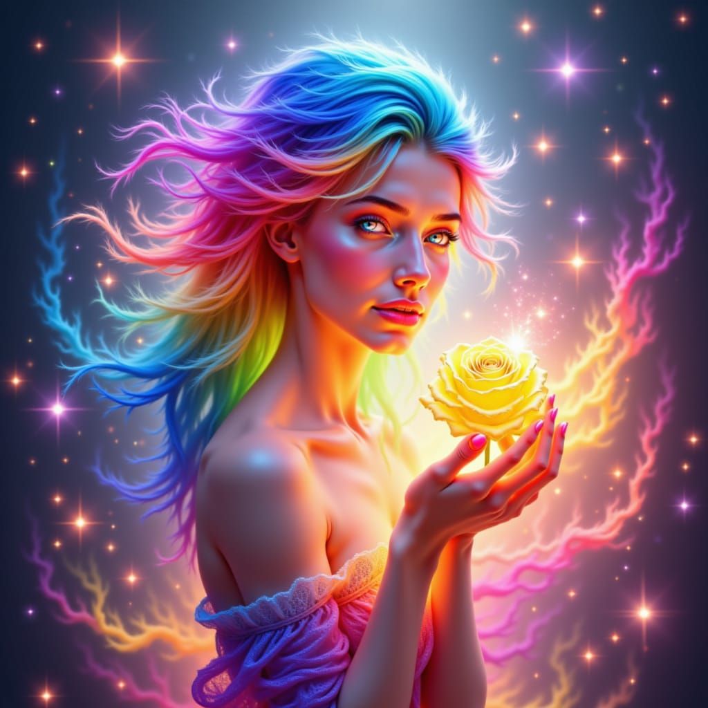 colorfull rainbow woman and colorfull rainbow rose of colorfull rainbow fire and colorfull rainbow fog . <lora:The Rainbow of Red:1.0>