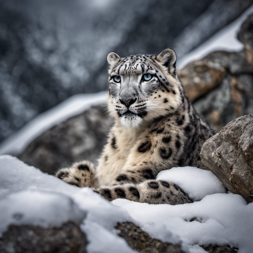 the snow leopard hiding behind stone on snowcapped mountain. - AI ...