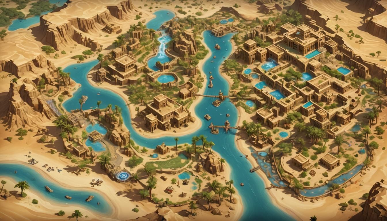 A mystical desert oasis map with hidden springs, ancient rui...