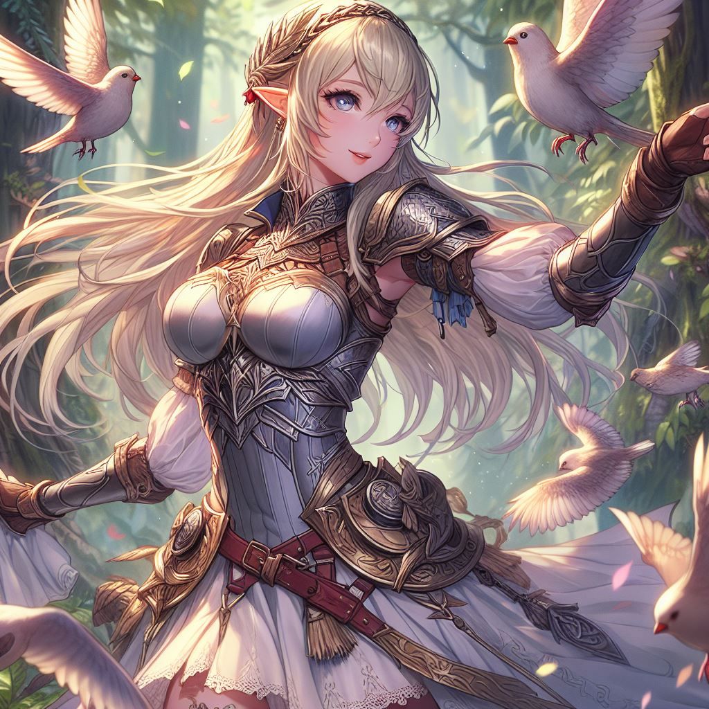 High Elf dancing in the forest with birds