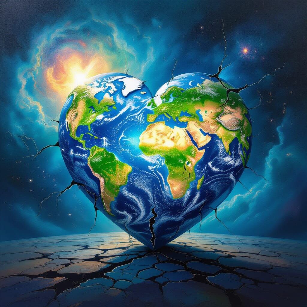 Cracked Earth Heart in Cosmic Nebula, Surreal Oil Painting