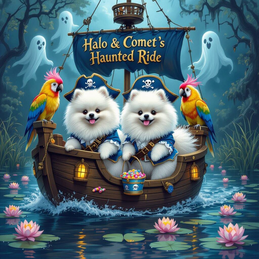 2 fluffy white pomeranians are taking a haunted  pirate ship ride through a scary lake with lilypads and ghosts.  They are wearing blue pira...