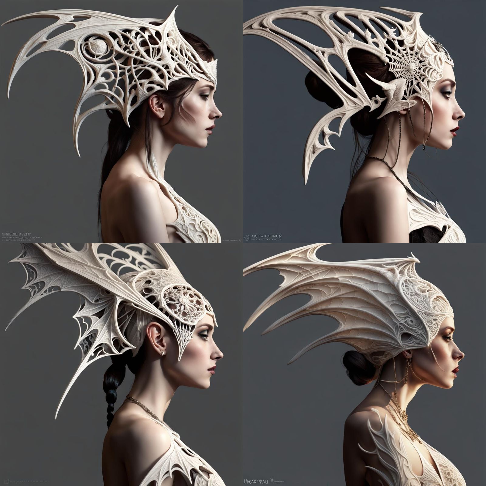 side portrait, headpiece on woman made of carved white bone, art