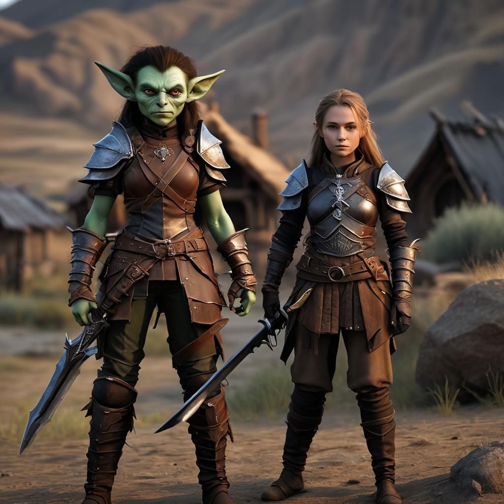 Fullbody Portrait of A young goblin Huntress (dungeon and Dr...