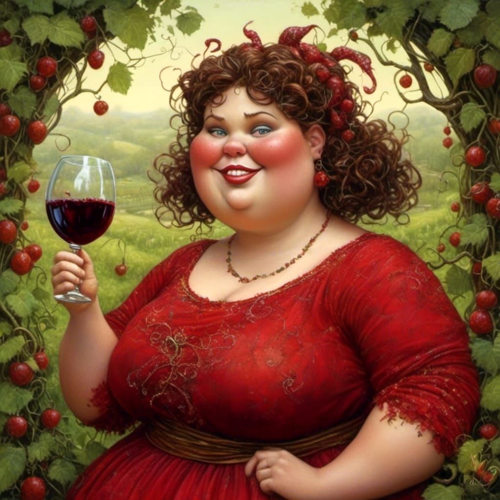 <lora:FANTASY WORLD:1.0> <lora:CURVES:1.0> a woman with curves, very small head, big body, exaggerrated features, drinking a giant glass of...