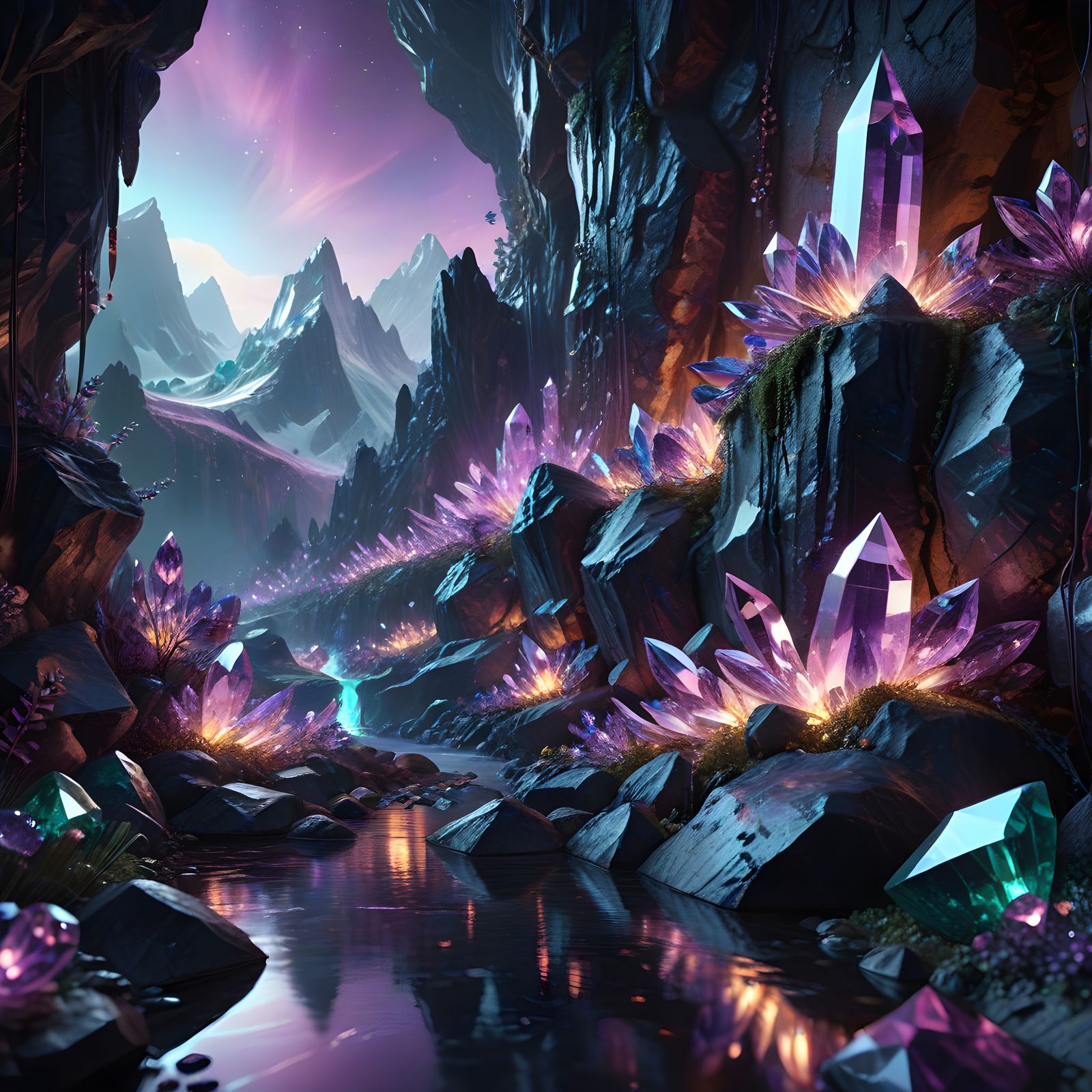 Eine Bergkette aus funkelndem Amethyst und Smaragd, deren Oberflächen das Licht reflektieren. hyperdetailed ...  by @Miss Wunderlich