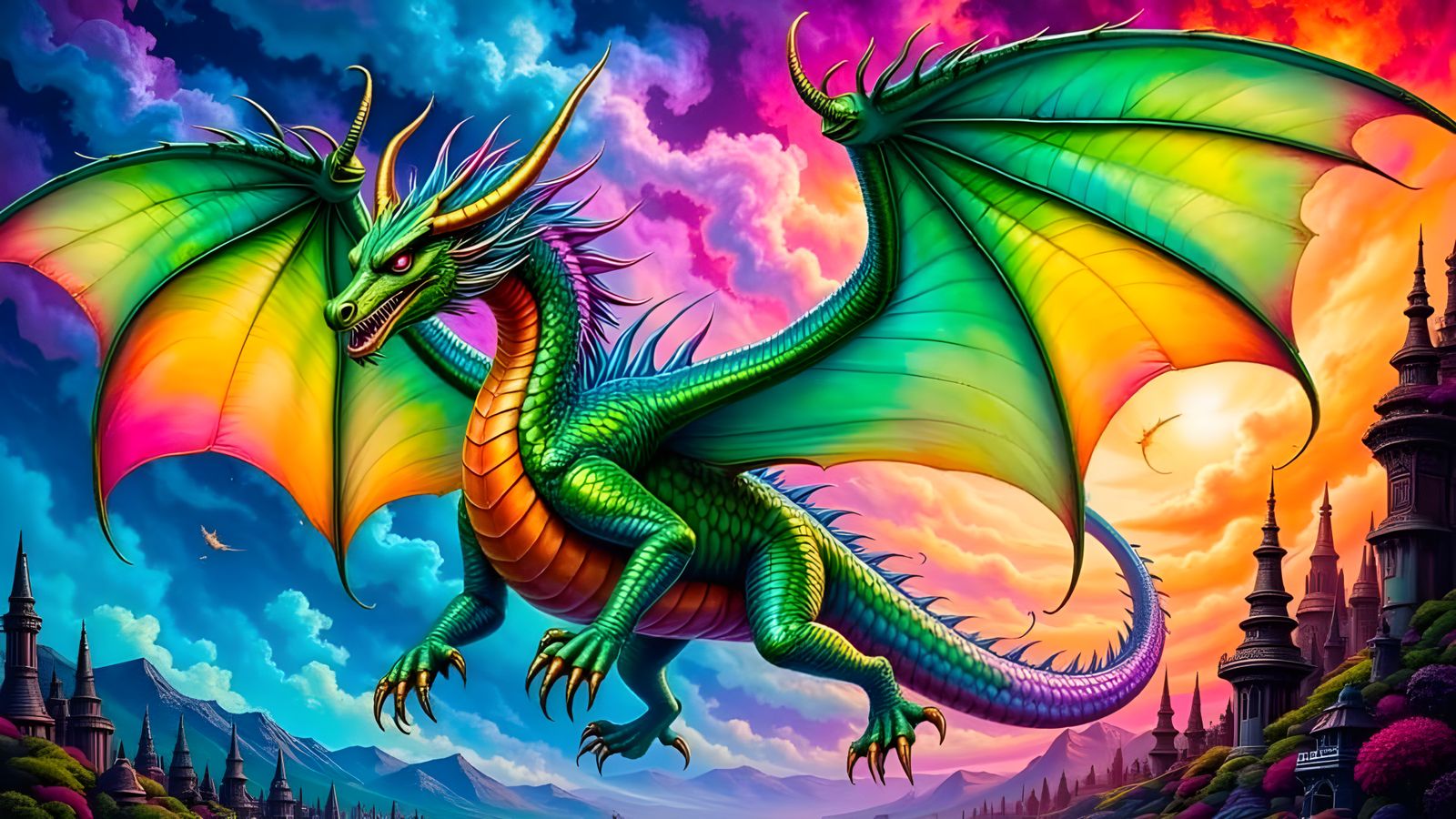 <lora:Airbrush:1.0> A magnificent, iridescent dragon soars through a kaleidoscopic maelstrom of colors, its emerald green scales glimmering ...