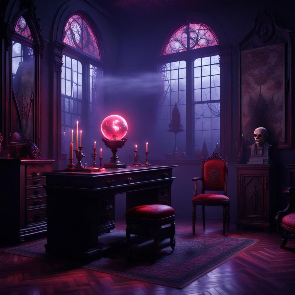 Vintage Room with Cemetery View in Neon Lights