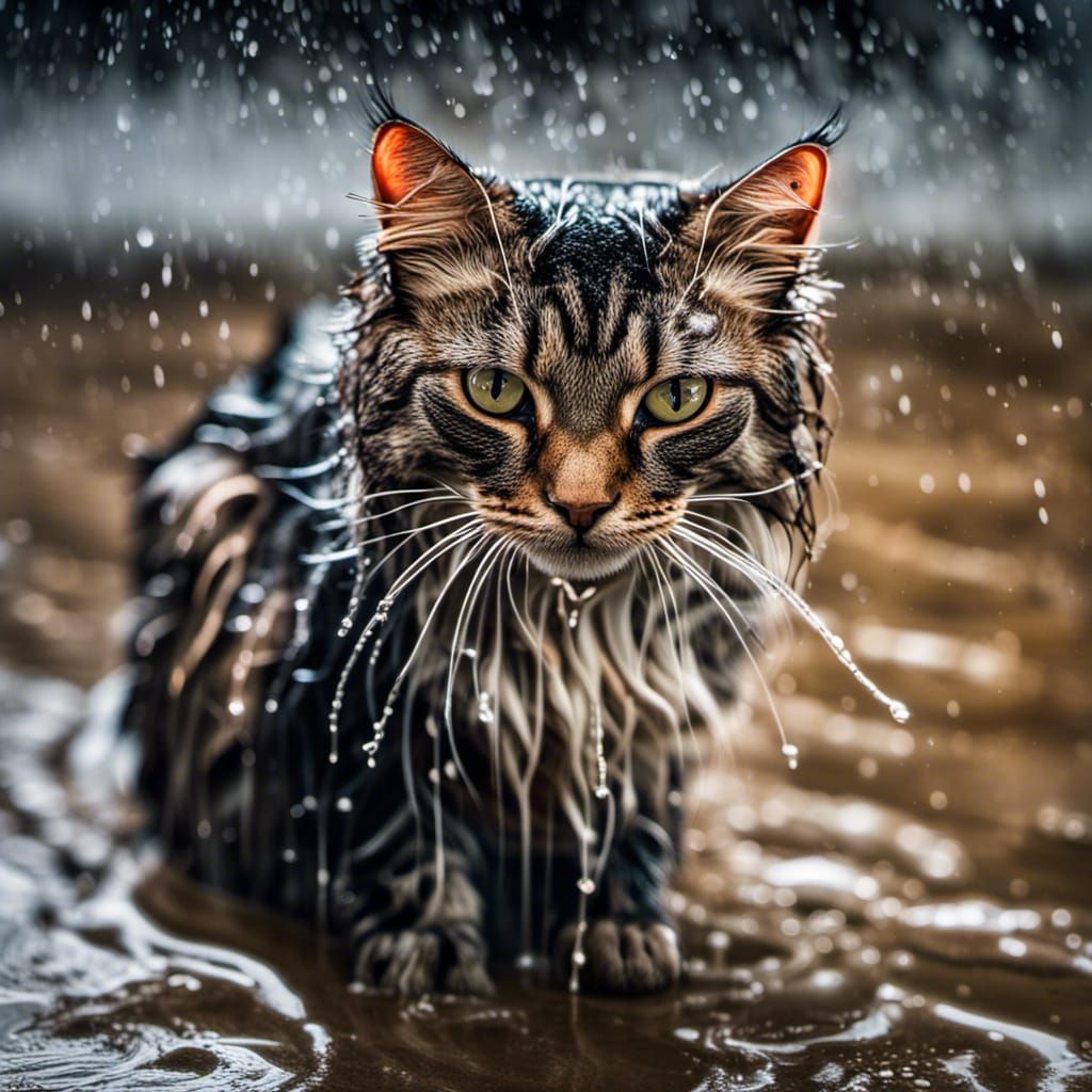 Photograph of a soaking wet cat