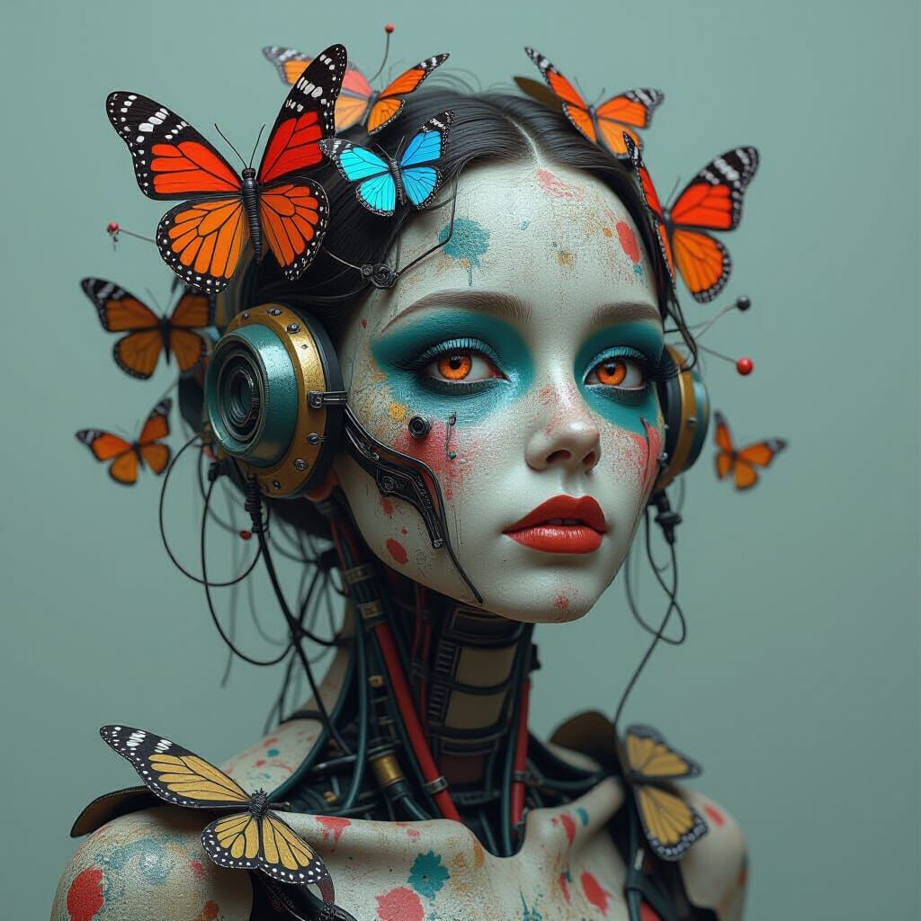 The image depicts a surreal, biomechanical figure with a distorted human face, incorporating a blend of organic and mechanical elements. The...