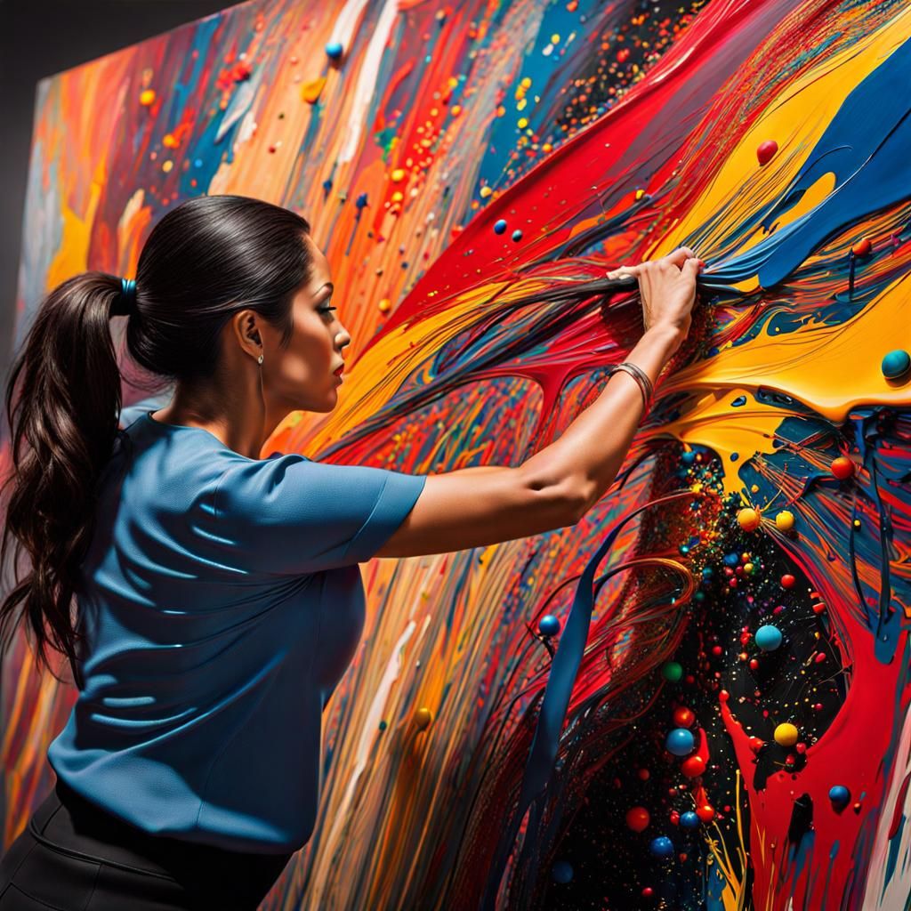 Artist's hand guides the flow of paint onto the canvas - AI Generated ...