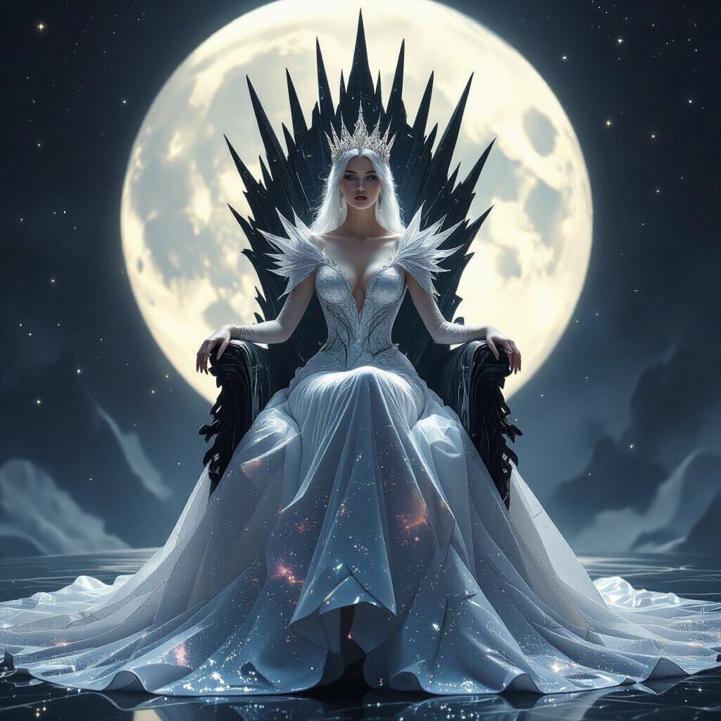 An ethereal queen, her form sculpted from pure moonlight, sits upon a throne of obsidian in a vast, silent cosmic void. Her regal gown appea...