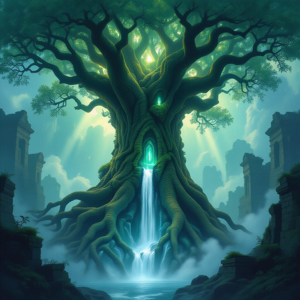 A colossal, ancient tree whose roots intertwine with forgotten ruins, forming a living monument. Ethereal wisps of light drift around its ma...