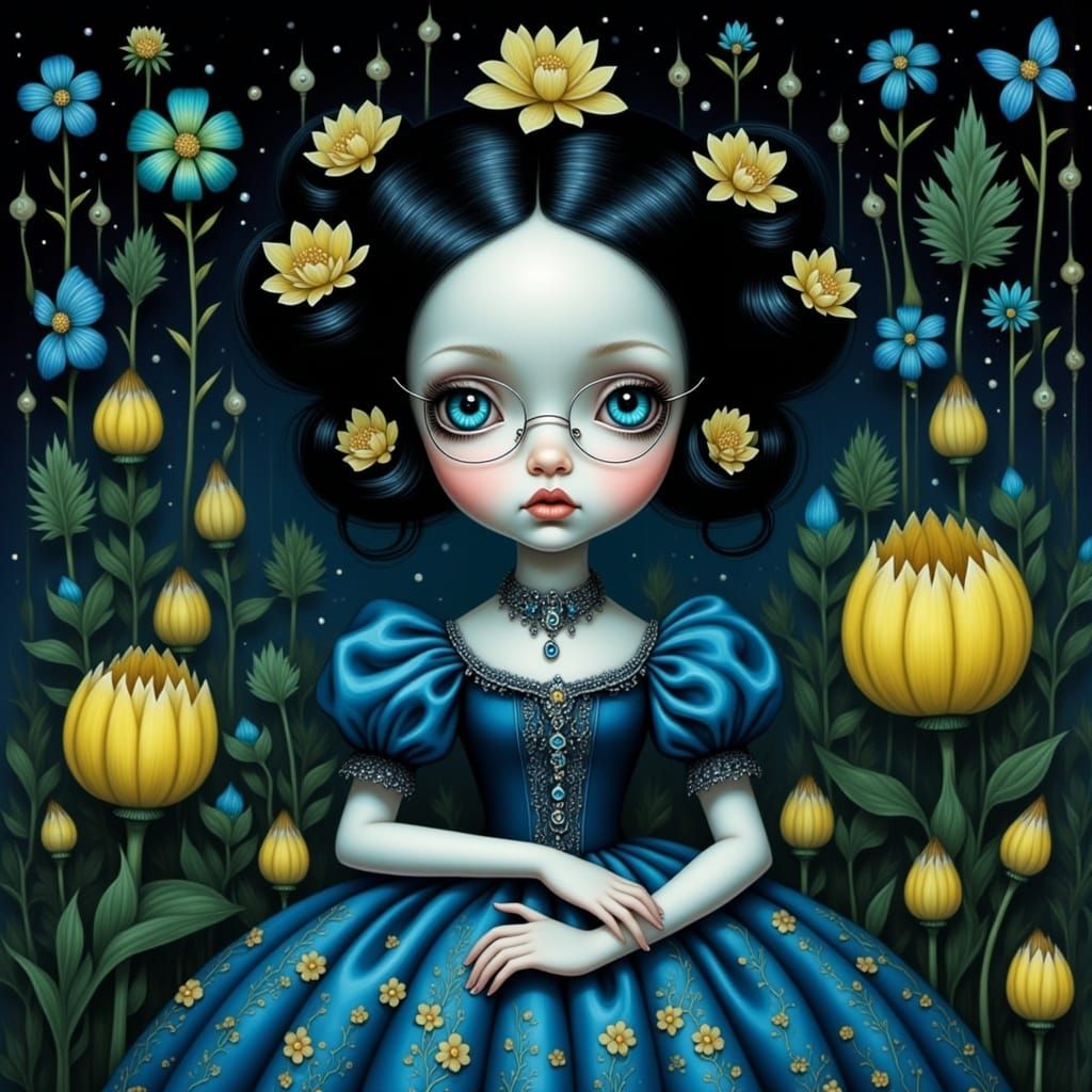 <lora:Big Eyes:1.0> Victorian girl with vibrant yellow hair styled in space buns, loose tendrils framing her face, large expressive big blue...