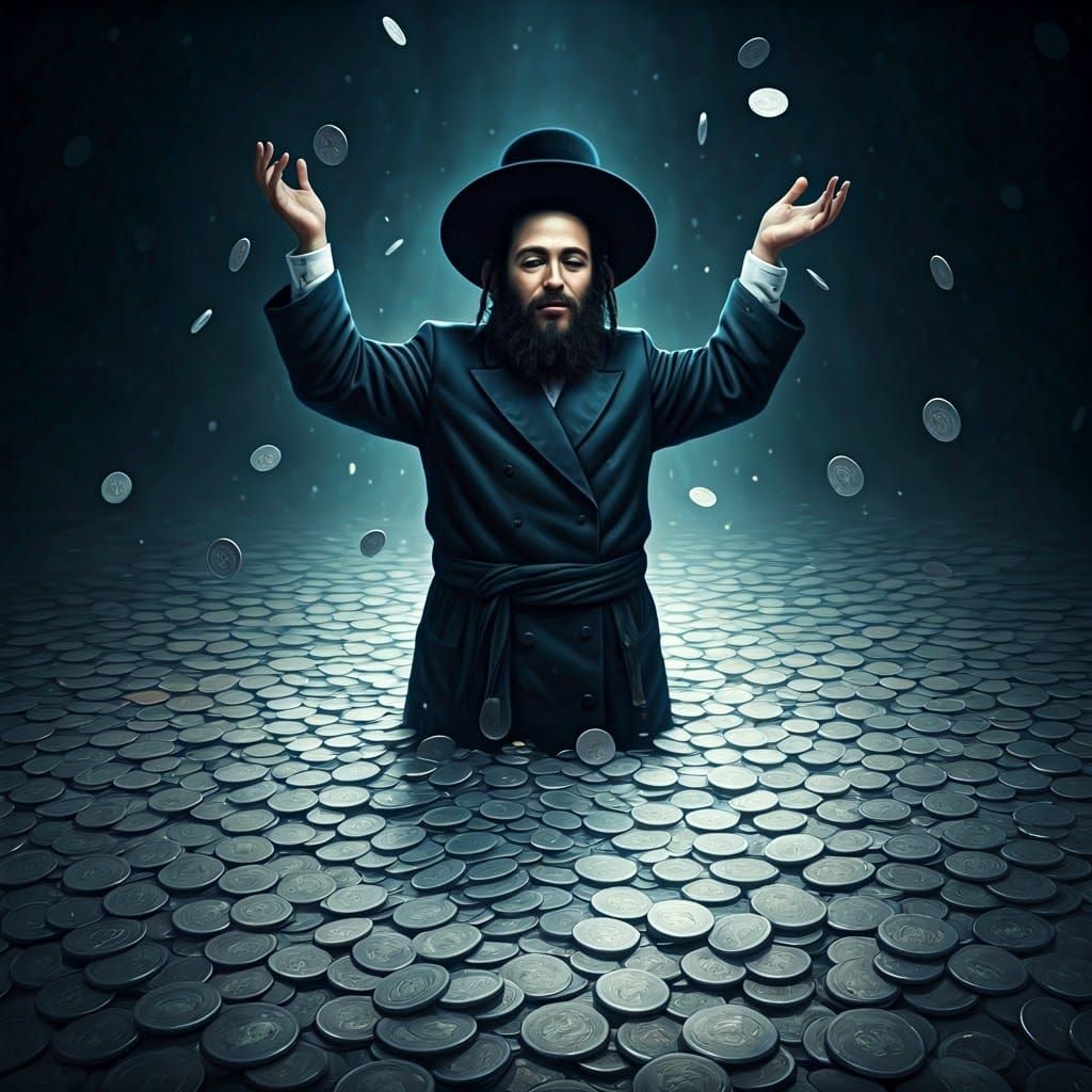 Joyful Hasidic Man in a Sea of Silver Shekels