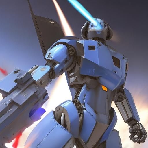 Fighter Jet robot blue firing large weapon