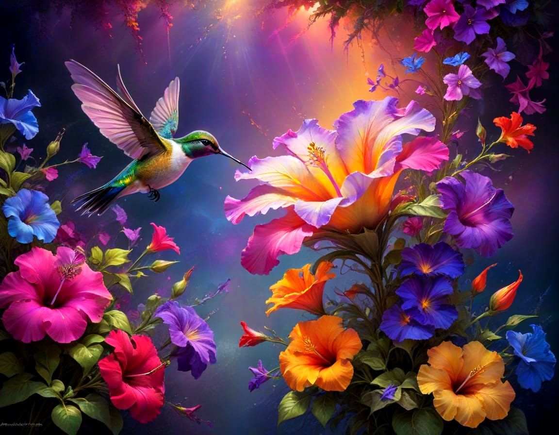 exquisite vivid petunia with a hummingbird above, colorful, atmospheric, perfect composition, high contrast, ...  by @Hugo Raul