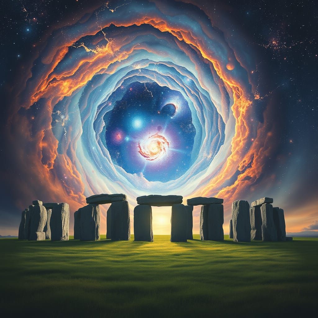 A swirling vortex of stardust and nebulae forms a cosmic portal above Stonehenge. The portal crackles ...  by @HarrietM