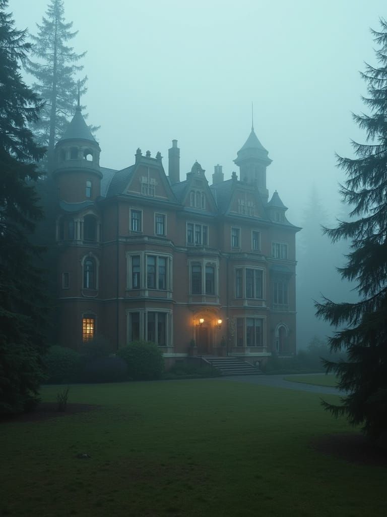 Old manor, massive long building in classical style, dark brick, large three-story brick building, light decoration, spruce forest around, m...