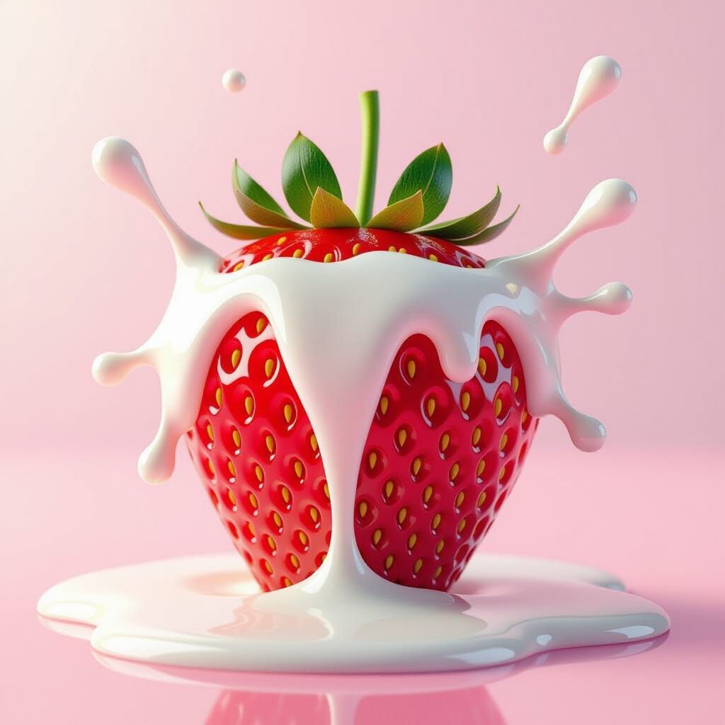 Hyperrealistic Strawberry Spurting White Liquid in 3D