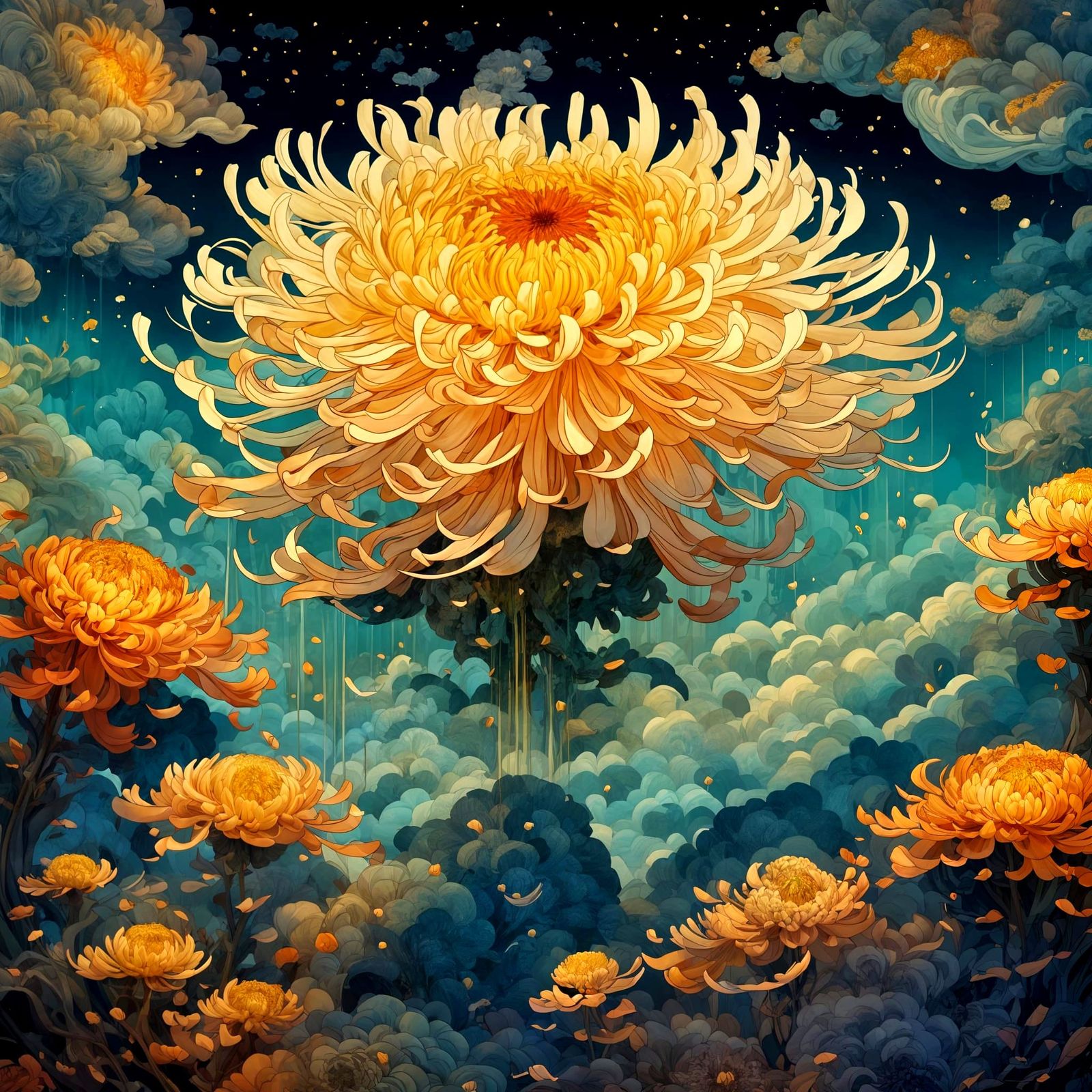 (a wispy chrysanthemum:2) with ornate petals floating in the clouds, surrounded by celestial whispers, ...  by @g r r c
