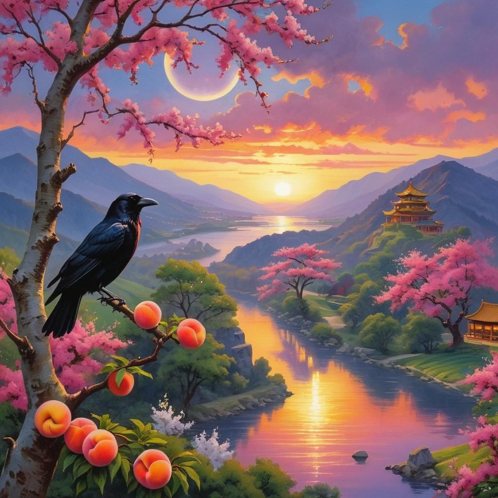 Expressionist Landscape with Bokeh Sunrise and Raven