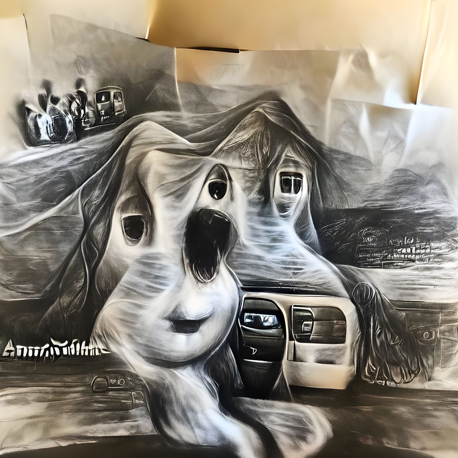 A detailed charcoal drawing of an anxious ghost going to a f...