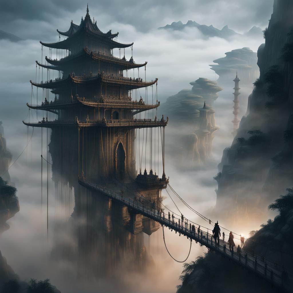 Temples of a hundred hanging ropes  floating in fog over wat...