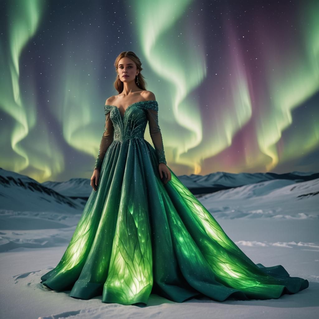 A beautiful girl wearing a gown made in northern lights
