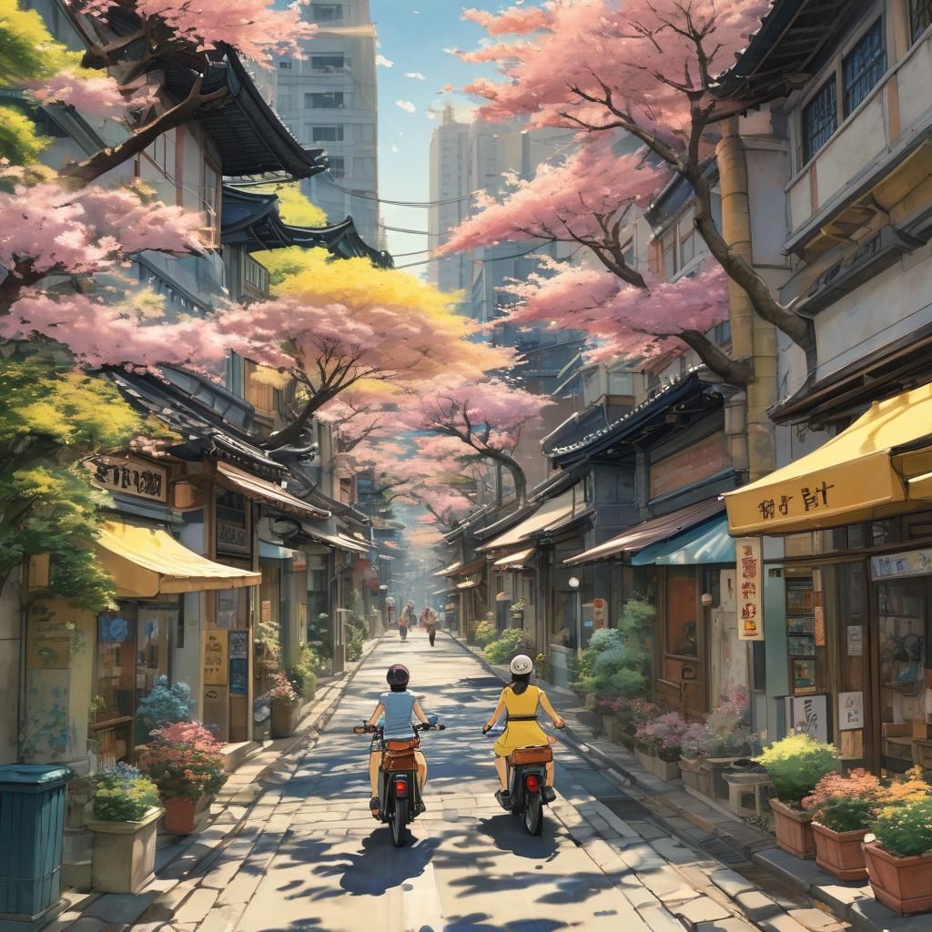 Anime Girl Rides Scooter Through Tokyo: Ghibli Style