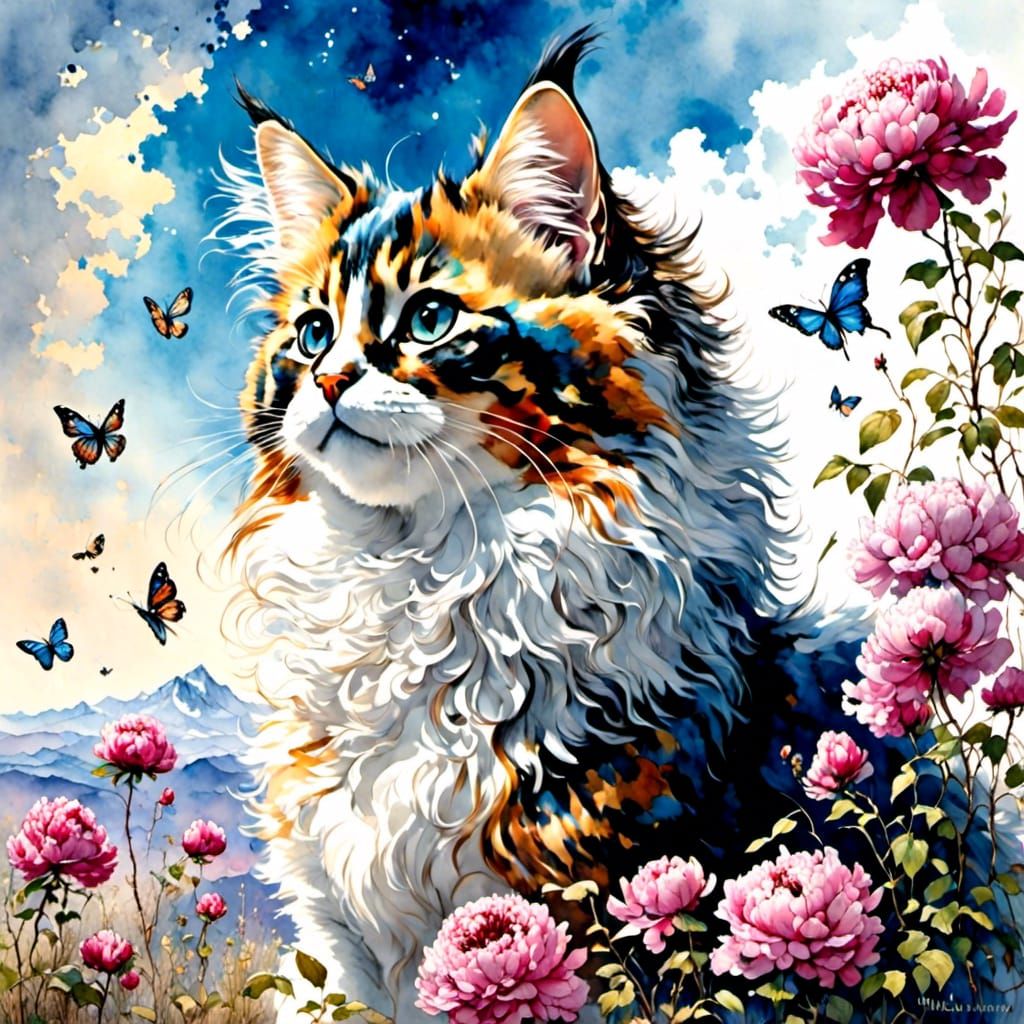 <lora:monstyle3:1.0> <lora:Soft Animals:1.0> Calico long hai...