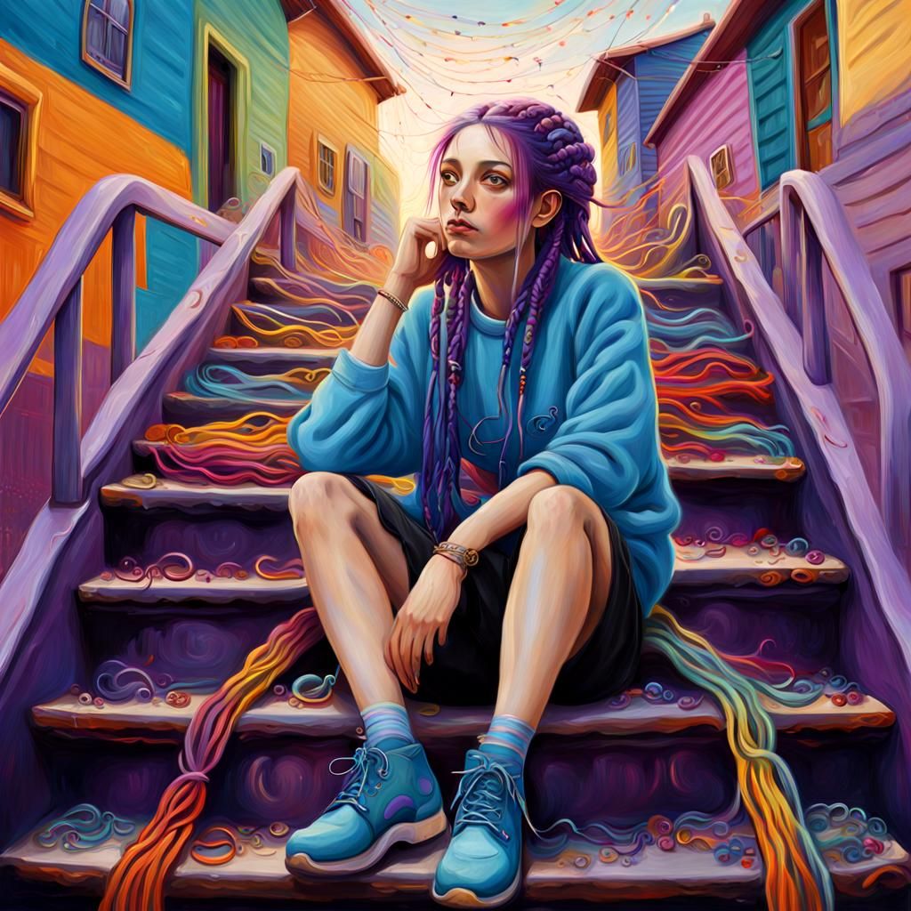 Full figure Smiling hippie punk girl purple blue hair  many ...