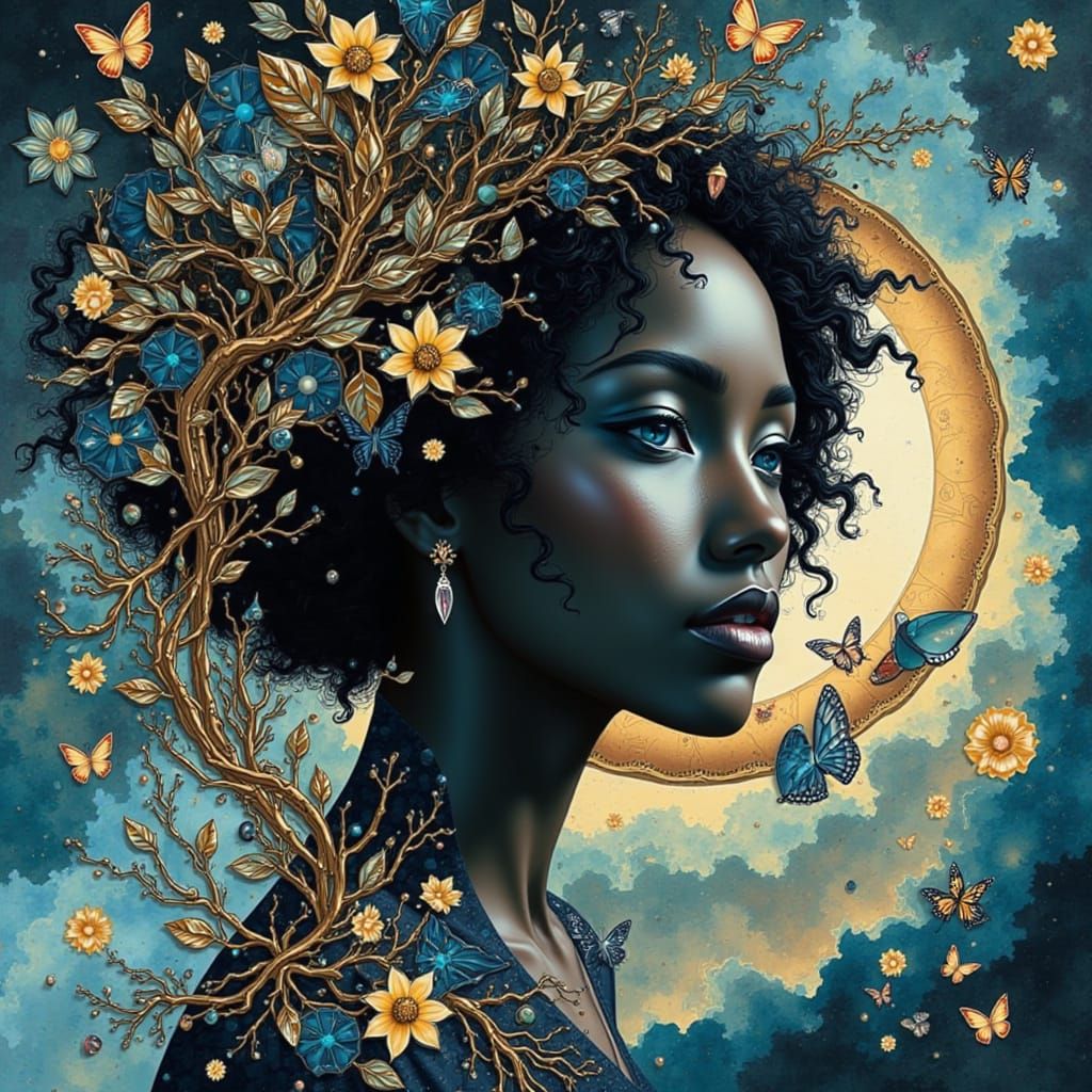 <lora:Weird:1.0> midnight beauty” beautiful delicate dark skinned face, flora, architectural renderings, dramatic lighting, clouds, antique ...