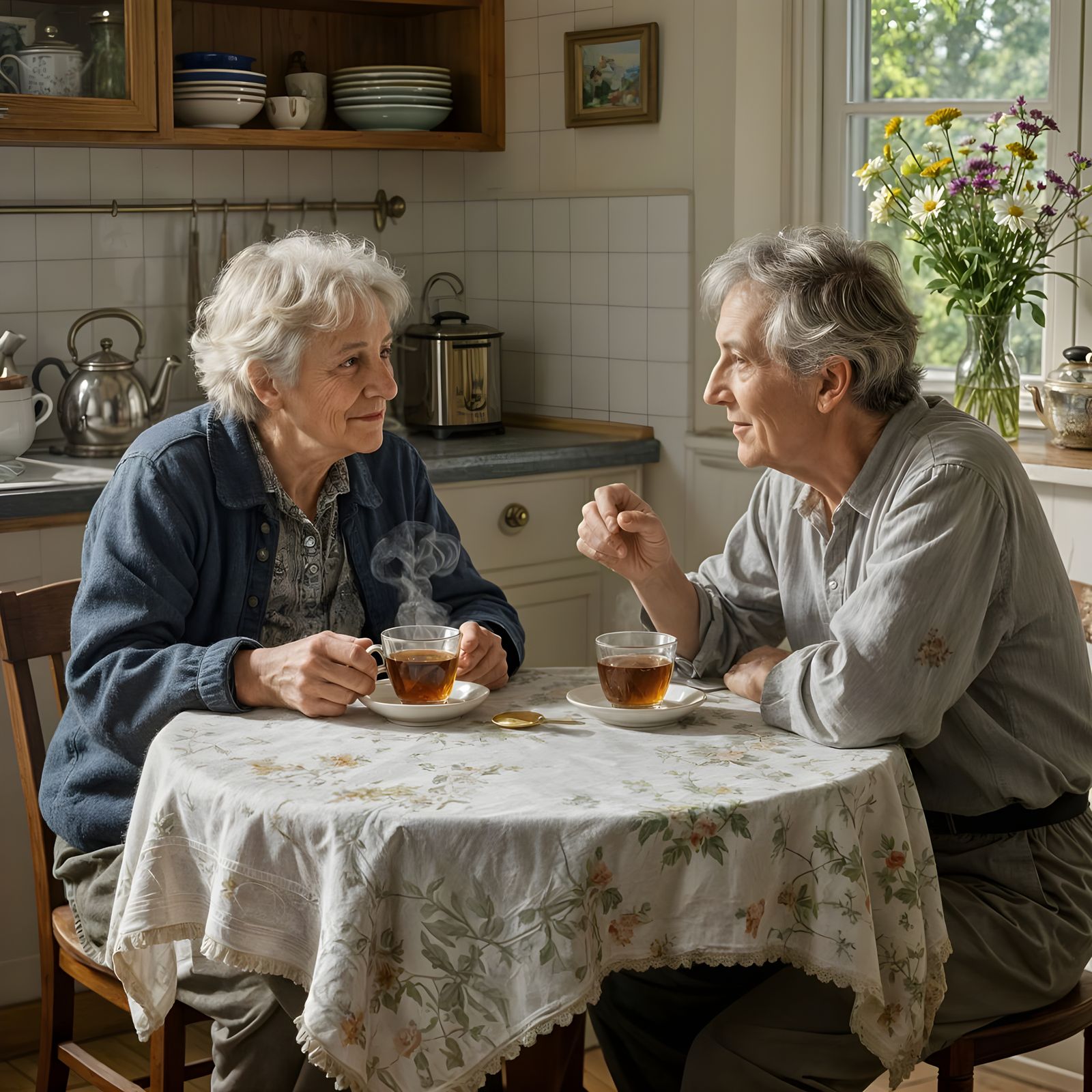An Elderly Couple Share a Cup of Tea at a Small Kitchen Table  by @Evan Fischer