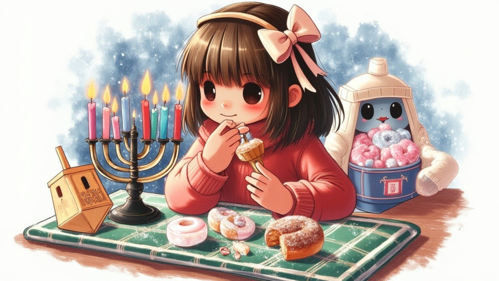 Moonlit Menorah Lighting in Children's Book Style