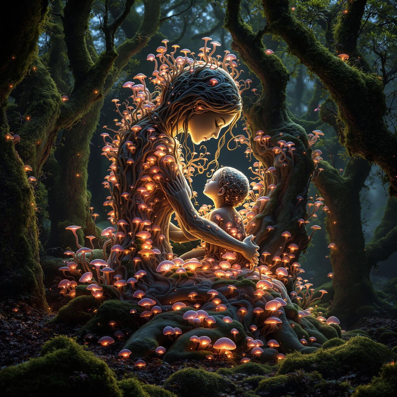 A Mother's Ethereal Embrace in Glowing Moss Forest