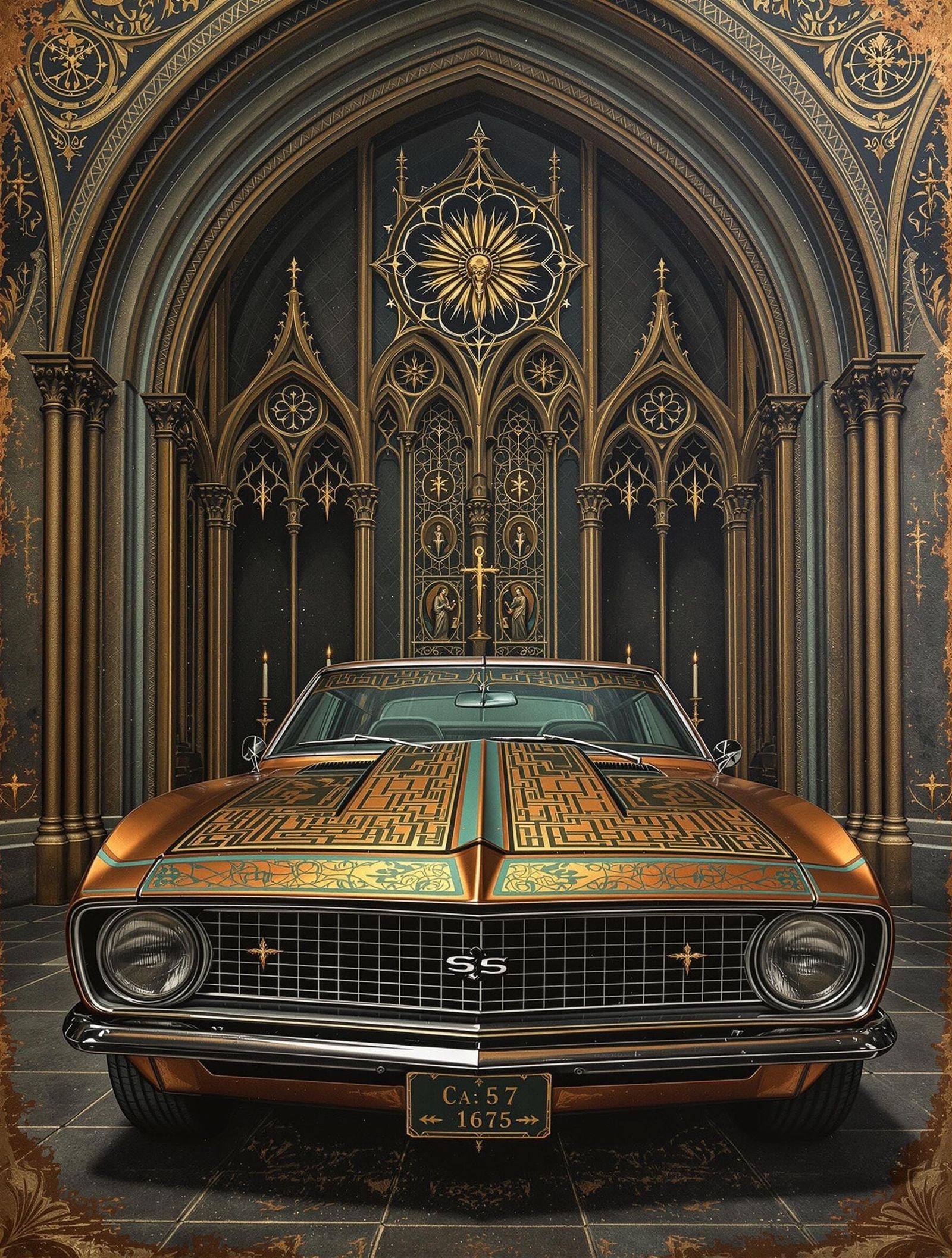 Camaro Cathedral: Gothic Automotive Reliquary in Copper Etch...